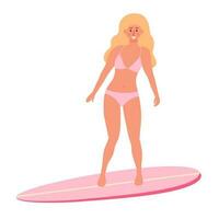 schön Frau im Badeanzug auf Surfbrett. Strand Surfer blond Mädchen. aktiv Sommer, gesund Lebensstil, Surfen, Sommer- Ferien Konzept vektor