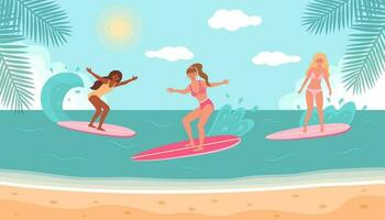 Frauen im Badeanzüge auf Surfbretter auf das Strand. Sommer- Meereslandschaft, aktiv Sport, Surfen auf Ozean Wellen, Paradies Natur Urlaub. eben Karikatur Vektor Illustration.