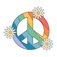 Hippie retro groovig Regenbogen Frieden Symbol mit Gänseblümchen. Boho psychedelisch Karikatur Element. Vektor Illustration isoliert auf Weiß Hintergrund.