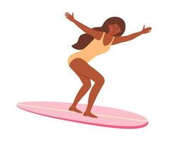 afrikanisch amerikanisch Frau im Badeanzug auf Surfbrett. Strand Surfer Mädchen. aktiv Sommer, gesund Lebensstil, Surfen, Sommer- Ferien Konzept vektor