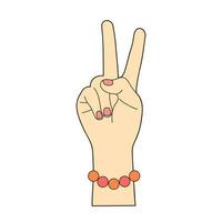 weiblich Hand zeigen Frieden unterzeichnen. Hippie Symbol. Geste mit Finger angehoben oben zeigen Nummer zwei. Vektor Illustration isoliert auf Weiß Hintergrund.