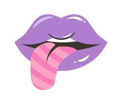 lila Lippen mit Streifen Zunge im Pop Kunst Stil. Frau halb offen Mund mit kleben aus Zunge. Jahrgang modisch y2k Patch oder Aufkleber vektor