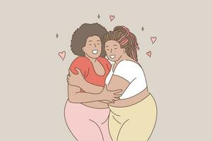 Körper positiv, umarmen, Konzept. jung Plus Größe afro amerikanisch glücklich lächelnd fettleibig dick Frauen freunde Karikatur Zeichen Lesben Umarmen zusammen. lgbt Liebe und wahr Freundschaft Illustration. vektor