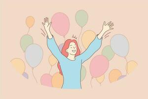 Spaß, Erfolg, Feier, Urlaub, Freude Konzept. jung glücklich heiter lächelnd froh Frau Mädchen Teenager feiern Geburtstag Sieg mit fliegend Luft Luftballons. Tor Leistung Glück Illustration. vektor