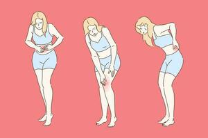 kvinna vriden med smärtsam perioder begrepp. flicka lidande från smärtsam knä gemensam inflammation, ung lady böjning med tillbaka och buk smärta uppsättning. enkel platt vektor