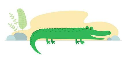 söt tecknad serie krokodil. teckning afrikansk bebis vild djur- alligator. snäll leende djungel safari krokodil. vektor eps kreativ grafisk hand dragen skriva ut