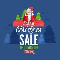 glad jul försäljning affisch design med 60 rabatt erbjudande och tecknad serie santa claus karaktär på blå xmas träd bakgrund. vektor