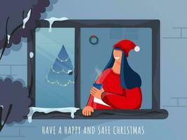 Lycklig och säker jul firande affisch design med glad kvinna njuter drycker på fönster för undvika coronavirus. vektor