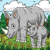 Mutter Nashorn und Baby Nashorn farbig Karikatur vektor