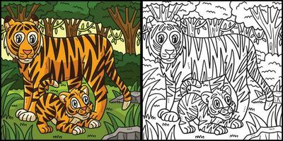 mor tiger och Valp färg sida illustration vektor