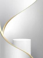 zylindrisch Bühne mit Weiß und golden Papier Strudel fließen auf Weiß Studio Hintergrund. 3d Illustration von Produkt Anzeige Bühne vektor