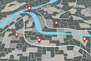 dunkel Stadt Navigation Perspektive Karte mit gerichtet Stifte vektor