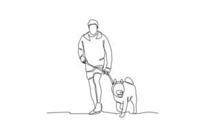 Single eine Linie Zeichnung Junge Gehen mit seine Haustier im das Park. städtisch Haustier Konzept. kontinuierlich Linie zeichnen Design Grafik Vektor Illustration.