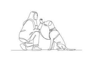 enda en linje teckning en kvinna spelar med henne sällskapsdjur. urban sällskapsdjur begrepp. kontinuerlig linje dra design grafisk vektor illustration.