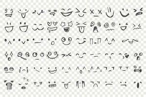 Hand gezeichnet Emotionen Satz. Gesicht Ausdrücke, Glücklich, traurig Stimmung. Lachen Gesichter, lächelnd Münder, Weinen Augen. Gekritzel anders Stimmungen, positiv und Negativ Mensch Gefühle. Vektor Illustration