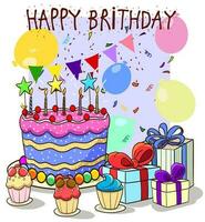 födelsedag kort. firande mynta bakgrund med gåva lådor, färgrik ballonger, födelsedag kaka och plats för din text. hälsning, inbjudan kort eller flygblad. vektor illustration