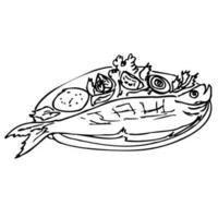 National Küche Backen Speisekarte Geschirr von Gemüse und Fisch Restaurant Küche. ein einstellen Speisekarte von köstlich Geschirr von traditionell oder National Küche im ein eben Karikatur handgemalt Illustration Vorlage. vektor