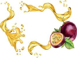 ram av tropisk frukt och juice stänk vattenfärg illustration isolerat på vit bakgrund. bit av maracuya hand ritade. design för förpackning, meny, recept, smothies, glass, märka, porslin vektor
