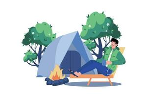 en man går camping till njut av natur vektor