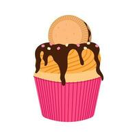 Süss Vanille Cupcake dekoriert mit Plätzchen, Marshmallows und Schokolade. eben Vektor Illustration isoliert auf Weiß Hintergrund.