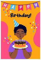 födelsedag hälsning kort med pojke blåsa ut ljus på de kaka. konfetti på bakgrund. födelsedag fest, firande, grattis, inbjudan begrepp. vektor