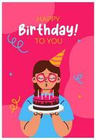födelsedag hälsning kort med flicka blåsa ut ljus på de kaka. konfetti på bakgrund. födelsedag fest, firande, grattis, inbjudan begrepp. vektor