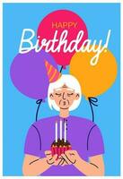Geburtstag Gruß Karte mit Senior Frau Schlag aus Kerzen auf das Cupcake. Luftballons auf Hintergrund. Geburtstag Party, Feier, Glückwunsch, Einladung Konzept. vektor