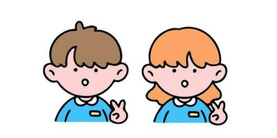 ein wenig süß Junge und Mädchen zeigen Sieg Hand, isoliert auf ein Hintergrund Vektor Illustration.