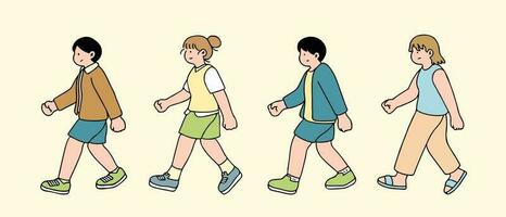 ein Illustration zeigt an Zeichen von Menschen Gehen Nieder das Straße. jung Mädchen und Männer sind abgebildet im ein Seite Sicht, Gehen während isoliert auf ein Weiß Hintergrund. vektor