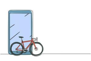enda en rad ritning smartphone och landsvägscykel. miljövänligt fordon, sportcykel monokrom ikon. speed city travel attribut, cykel hobby symbol. kontinuerlig linje rita design grafisk vektor