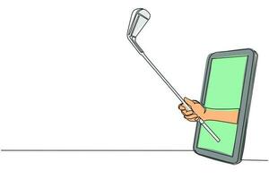 enda kontinuerlig linje ritning golfare hand håller stick golf genom mobiltelefon. smartphone med app för golfspel. mästerskap för mobila sportströmmar. en rad rita grafisk design vektorillustration vektor