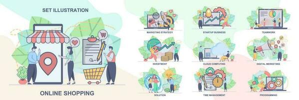 uppsättning av webb sida design mallar för uppkopplad handla, digital marknadsföring, lagarbete, strategi, investering, lösning etc . modern vektor illustration begrepp för hemsida och mobil hemsida utveckling.