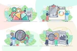 uppsättning av webb sida design mallar för data analys, företag analyser. uppkopplad finansiell data analys webb sida sammansättning med människor tecken. modern vektor illustration begrepp