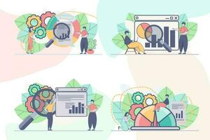 uppsättning av webb sida design mallar för data analys, företag analyser. uppkopplad finansiell data analys webb sida sammansättning med människor tecken. modern vektor illustration begrepp