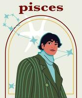 jung gut aussehend Mann Porträt. das Kerl mit schwarz Haar, Grün gestreift Mantel. astrologisch Zeichen Fische. ein Konzept von Tierkreis unterzeichnen. vektor