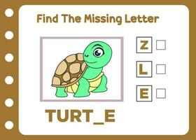 finden das fehlt Brief von süß Schildkröte. Kinder Puzzle vektor