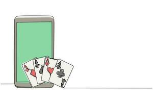fortlaufende einzeilige zeichnung smartphone und satz von vier assen spielkartenanzügen. gewinnende Pokerhand. satz aus herzen, pik, kreuz und karo-ass. einzeiliges zeichnen design vektorgrafik illustration vektor