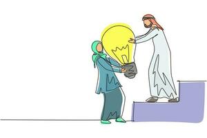 enda en rad ritning arabisk kvinna som hjälper mannen att lyfta glödlampa vid trappan. affärsidé, lagarbete, måluppfyllelse, lösning, framgång, vinnare. kontinuerlig linje rita design vektorillustration vektor