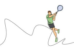 Single One Line Drawing Junge glückliche Tennisspielerin traf den Ball des Gegners. Tennis-Profi-Turnier. gesundes konzept der sportübung. ununterbrochene Linie zeichnen grafische Vektorillustration des Designs vektor