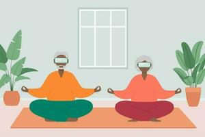 Senior Mann und Frau sitzen mit gekreuzten Beinen und meditieren tragen vr Brille. alt Mann und Frau machen Morgen Yoga oder Atmung Übungen beim heim. Vektor Illustration