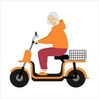 Senior Frau Reiten modern elektrisch Fahrrad Roller. städtisch Öko Transport. isoliert Vektor Illustration