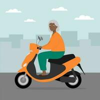 Senior Frau Reisen auf modern Motor- Roller. alt Frau Reiten elektrisch Roller im das Stadt. Vektor Illustration