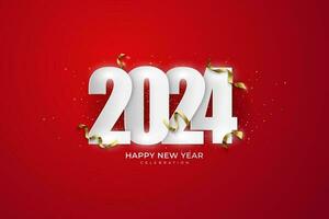 glücklich Neu Jahr 2024. festlich realistisch Dekoration. feiern 2024 Party auf ein rot Hintergrund vektor