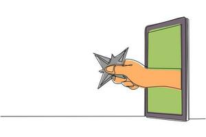 kontinuierliche einzeilige zeichnung hand mit klinge shuriken über handy. konzept von ninja-videospielen, e-sport, unterhaltungsanwendung für smartphones. einzeiliges zeichnen design vektorgrafik vektor