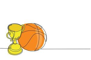 Single One Line Drawing Trophäe und Basketballball. Champion-Cup-Ikone mit Basketball. Meisterpokal. Sportturnierpreis, Siegerpokal und Siegeskonzept. Designvektor mit durchgehender Linie vektor