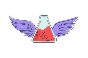 Kontinuierliche einzeilige Zeichnung fliegendes Reagenzglas mit Flügeln. geflügelte Wissenschaftsflasche oder Becher für die medizinische Versorgung. Logo des chemischen Forschungslabors. einzeiliges zeichnen design vektorgrafik illustration vektor