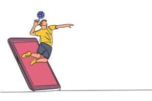 kontinuierliche einzeilige zeichnung man volleyball athlet spieler in aktion springende spitze, die aus dem smartphone-bildschirm herauskommt. Mobile Sportspiele. Online-Volleyballspiel. einzeiliger Entwurfsvektor vektor