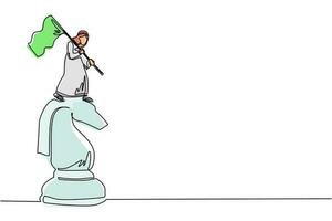 kontinuerlig en rad ritning arabisk affärsman står på toppen av stor häst riddare schack och viftar med en flagga. affärsprestation mål, metafor koncept. enkel rad rita design vektorillustration vektor