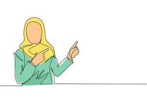Eine einzige Linie, die eine arabische Frau zeichnet, die die Hände zusammenzeigt und etwas zeigt oder präsentiert, während sie steht und lächelt. Emotionen und Körpersprache. Design-Grafikvektor mit kontinuierlicher Linie vektor