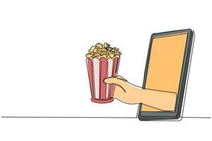 einzelne durchgehende strichzeichnung männliche hand, die popcorn über handy hält. konzept der lieferung von online-lebensmitteln im kinorestaurant. Anwendung für Smartphones. eine linie zeichnen design grafikvektor vektor